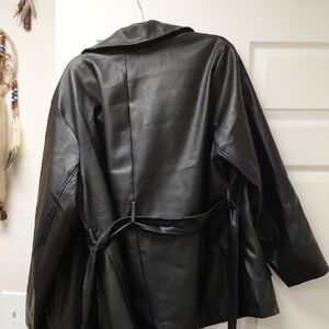 Women's Black Faux Leather Belted Jacket
